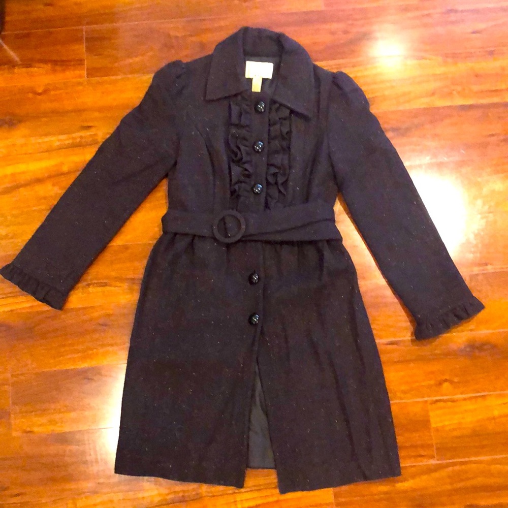 Feminine Peacoat with belt and puff shoulders with flecks of color throughout